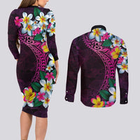 Hawaiian Plumeria-Polynesian Art Tattoo Plum Pink Color Couples Matching Long Sleeve Bodycon Dress and Long Sleeve Button Shirt