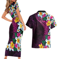 Hawaiian Plumeria-Polynesian Art Tattoo Plum Pink Color Couples Matching Short Sleeve Bodycon Dress and Hawaiian Shirt