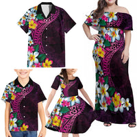 Hawaiian Plumeria-Polynesian Art Tattoo Plum Pink Color Family Matching Off Shoulder Maxi Dress and Hawaiian Shirt