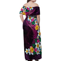 Hawaiian Plumeria-Polynesian Art Tattoo Plum Pink Color Family Matching Off Shoulder Maxi Dress and Hawaiian Shirt