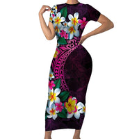 Hawaiian Plumeria-Polynesian Art Tattoo Plum Pink Color Family Matching Short Sleeve Bodycon Dress and Hawaiian Shirt