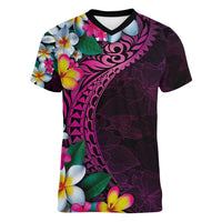 Hawaiian Plumeria-Polynesian Art Tattoo Plum Pink Color Women V-Neck T-Shirt