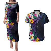 Hawaiian Plumeria-Polynesian Art Tattoo Frosted Blue Violet Color Couples Matching Puletasi and Hawaiian Shirt