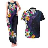 Hawaiian Plumeria-Polynesian Art Tattoo Frosted Blue Violet Color Couples Matching Tank Maxi Dress and Hawaiian Shirt