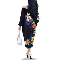 Hawaiian Plumeria-Polynesian Art Tattoo Frosted Blue Violet Color Family Matching Off The Shoulder Long Sleeve Dress and Hawaiian Shirt