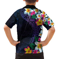 Hawaiian Plumeria-Polynesian Art Tattoo Frosted Blue Violet Color Family Matching Off Shoulder Short Dress and Hawaiian Shirt