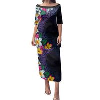 Hawaiian Plumeria-Polynesian Art Tattoo Frosted Blue Violet Color Family Matching Puletasi and Hawaiian Shirt