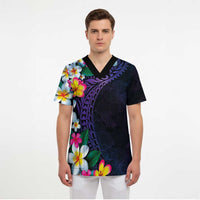 Hawaiian Plumeria-Polynesian Art Tattoo Frosted Blue Violet Color Scrub Top - Polynesian Pride