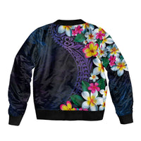 Hawaiian Plumeria-Polynesian Art Tattoo Frosted Blue Violet Color Sleeve Zip Bomber Jacket