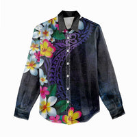 Hawaiian Plumeria-Polynesian Art Tattoo Frosted Blue Violet Color Women Casual Shirt