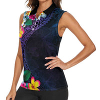 Hawaiian Plumeria-Polynesian Art Tattoo Frosted Blue Violet Color Women Sleeveless Polo Shirt