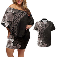 Hawaiian Plumeria-Polynesian Art Tattoo Grayscale Color Couples Matching Off Shoulder Short Dress and Hawaiian Shirt