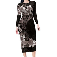 Hawaiian Plumeria-Polynesian Art Tattoo Grayscale Color Family Matching Long Sleeve Bodycon Dress and Hawaiian Shirt
