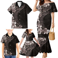 Hawaiian Plumeria-Polynesian Art Tattoo Grayscale Color Family Matching Mermaid Dress and Hawaiian Shirt