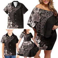 Hawaiian Plumeria-Polynesian Art Tattoo Grayscale Color Family Matching Off Shoulder Short Dress and Hawaiian Shirt