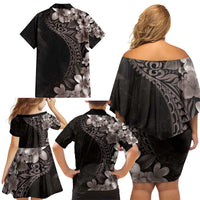 Hawaiian Plumeria-Polynesian Art Tattoo Grayscale Color Family Matching Off Shoulder Short Dress and Hawaiian Shirt
