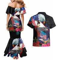 American Samoa and United States Together Couples Matching Mermaid Dress and Hawaiian Shirt National Flag with Eagle-Hibiscus and Rose