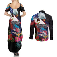 American Samoa and United States Together Couples Matching Summer Maxi Dress and Long Sleeve Button Shirt National Flag with Eagle-Hibiscus and Rose