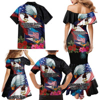 American Samoa and United States Together Family Matching Mermaid Dress and Hawaiian Shirt National Flag with Eagle-Hibiscus and Rose
