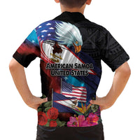 American Samoa and United States Together Family Matching Off The Shoulder Long Sleeve Dress and Hawaiian Shirt National Flag with Eagle-Hibiscus and Rose