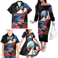 American Samoa and United States Together Family Matching Off The Shoulder Long Sleeve Dress and Hawaiian Shirt National Flag with Eagle-Hibiscus and Rose