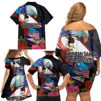 American Samoa and United States Together Family Matching Off Shoulder Short Dress and Hawaiian Shirt National Flag with Eagle-Hibiscus and Rose
