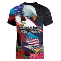 American Samoa and United States Together Women V-Neck T-Shirt National Flag with Eagle-Hibiscus and Rose