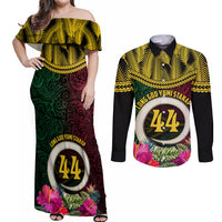 Vanuatu 44th Anniversary Independence Day Couples Matching Off Shoulder Maxi Dress and Long Sleeve Button Shirt Boars Tusk and Namele Plant LT03 Black - Polynesian Pride