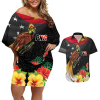 Papua New Guinea Independence Day Couples Matching Off Shoulder Short Dress and Hawaiian Shirt PNG Flag and Bird-of-Paradise LT03 Black - Polynesian Pride