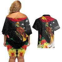Papua New Guinea Independence Day Couples Matching Off Shoulder Short Dress and Hawaiian Shirt PNG Flag and Bird-of-Paradise