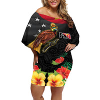 Papua New Guinea Independence Day Off Shoulder Short Dress PNG Flag and Bird-of-Paradise LT03 Women Black - Polynesian Pride
