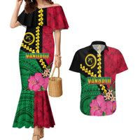 Vanuatu Flag Hibiscus Polynesian Pattern Couples Matching Mermaid Dress and Hawaiian Shirt LT03 Black - Polynesian Pride