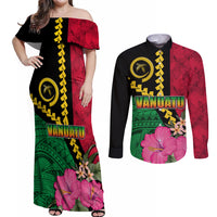 Vanuatu Flag Hibiscus Polynesian Pattern Couples Matching Off Shoulder Maxi Dress and Long Sleeve Button Shirt LT03 Black - Polynesian Pride