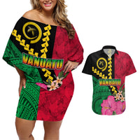 Vanuatu Flag Hibiscus Polynesian Pattern Couples Matching Off Shoulder Short Dress and Hawaiian Shirt LT03 Black - Polynesian Pride