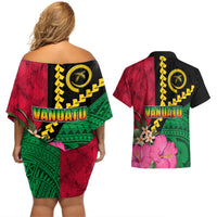 Vanuatu Flag Hibiscus Polynesian Pattern Couples Matching Off Shoulder Short Dress and Hawaiian Shirt LT03 - Polynesian Pride