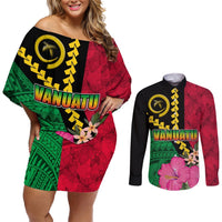 Vanuatu Flag Hibiscus Polynesian Pattern Couples Matching Off Shoulder Short Dress and Long Sleeve Button Shirt LT03 Black - Polynesian Pride