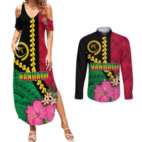 Vanuatu Flag Hibiscus Polynesian Pattern Couples Matching Summer Maxi Dress and Long Sleeve Button Shirt LT03 Black - Polynesian Pride