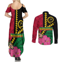 Vanuatu Flag Hibiscus Polynesian Pattern Couples Matching Summer Maxi Dress and Long Sleeve Button Shirt LT03 - Polynesian Pride
