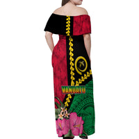Vanuatu Flag Hibiscus Polynesian Pattern Family Matching Off Shoulder Maxi Dress and Hawaiian Shirt