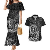 Hawaii Monk Seal and Dolphin Couples Matching Mermaid Dress and Hawaiian Shirt Polynesian Kakau Pattern Black White Color