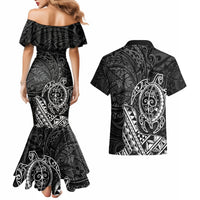 Hawaii Monk Seal and Dolphin Couples Matching Mermaid Dress and Hawaiian Shirt Polynesian Kakau Pattern Black White Color
