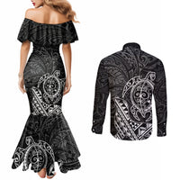 Hawaii Monk Seal and Dolphin Couples Matching Mermaid Dress and Long Sleeve Button Shirt Polynesian Kakau Pattern Black White Color LT03 - Polynesian Pride