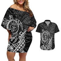 Hawaii Monk Seal and Dolphin Couples Matching Off Shoulder Short Dress and Hawaiian Shirt Polynesian Kakau Pattern Black White Color