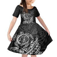 Hawaii Monk Seal and Dolphin Family Matching Long Sleeve Bodycon Dress and Hawaiian Shirt Polynesian Kakau Pattern Black White Color LT03 Daughter's Dress Black - Polynesian Pride