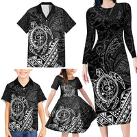 Hawaii Monk Seal and Dolphin Family Matching Long Sleeve Bodycon Dress and Hawaiian Shirt Polynesian Kakau Pattern Black White Color LT03 - Polynesian Pride