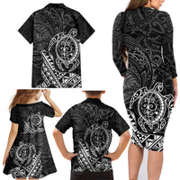 Hawaii Monk Seal and Dolphin Family Matching Long Sleeve Bodycon Dress and Hawaiian Shirt Polynesian Kakau Pattern Black White Color LT03 - Polynesian Pride