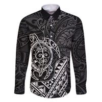 Hawaii Monk Seal and Dolphin Family Matching Long Sleeve Bodycon Dress and Hawaiian Shirt Polynesian Kakau Pattern Black White Color LT03 Dad's Shirt - Long Sleeve Black - Polynesian Pride