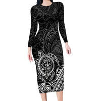 Hawaii Monk Seal and Dolphin Family Matching Long Sleeve Bodycon Dress and Hawaiian Shirt Polynesian Kakau Pattern Black White Color LT03 Mom's Dress Black - Polynesian Pride