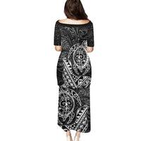 Hawaii Monk Seal and Dolphin Family Matching Puletasi and Hawaiian Shirt Polynesian Kakau Pattern Black White Color