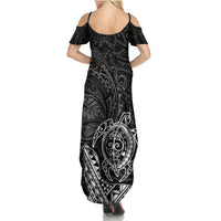 Hawaii Monk Seal and Dolphin Family Matching Summer Maxi Dress and Hawaiian Shirt Polynesian Kakau Pattern Black White Color